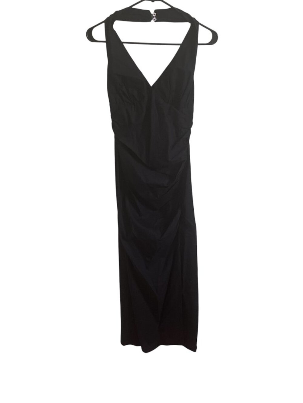 Zara Black Draped Linen Midi Dress Halter V‑Neck Ruched Side Slit Large Summer - Picture 6 of 11